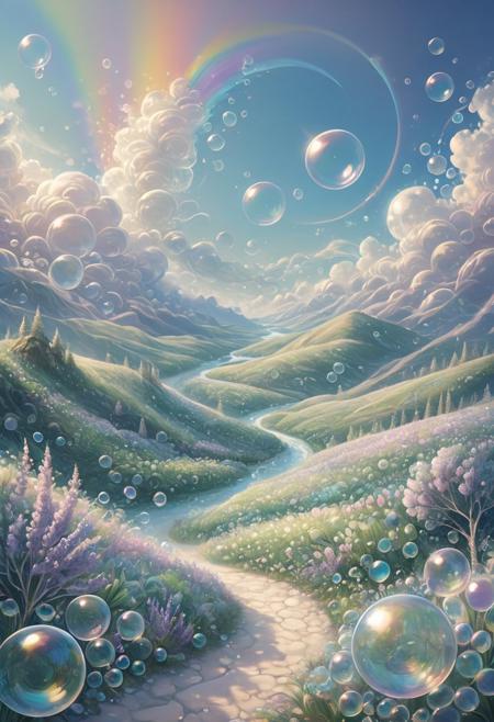A breathtaking, hyperrealistic digital painting, a surreal, dreamlike landscape, rendered in a whimsical pastel color palette. The planet’s surface is intensely marbled with swirling patterns of lighter and darker hues, radiating a soft, diffused glow from below, casting ethereal shadows across the scene. In the sky clouds of rainbow bubbles drift, Below, a sinuous, winding path constructed of polished, smooth crystal material spirals downwards towards the viewer, leading into a dense, swirling bubble field – countless iridescent bubbles in shades of white, lavender, shimmering blue, and emerald green float freely, creating a hazy, dreamlike atmosphere. swirling blue and green clouds, dramatic volumetric lighting, creating a sense of vastness, adventure, and intense exploration – 8k resolution, trending on ArtStation.