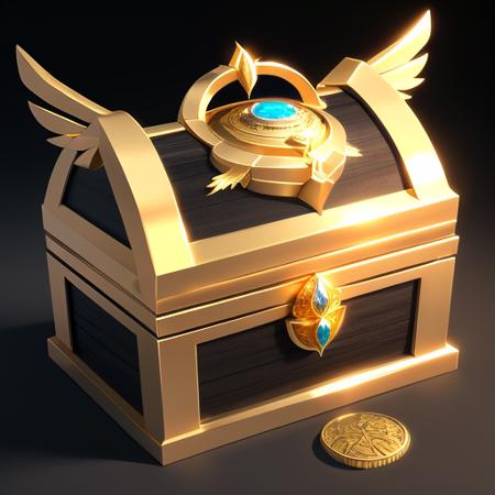 Simple structure, best quality symmetry, fantasy, a treasure chest with a pair of wings on the body, realistic, black background, (gem), dragon pattern, winding, ribbon, rose, gold coin, gold <lora:GameIconResearch_chest Lora:1>