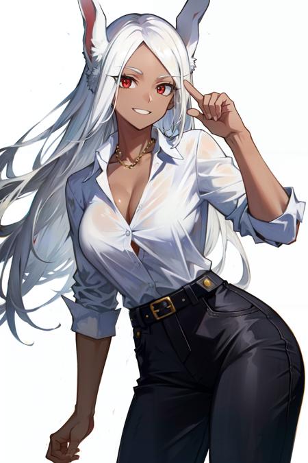 mirko mha, 1girl,solo,dark-skinned female, dark skin, large breasts, white shirt, belt , collarbone, collared shirt, formal, shirt tucked in, black pant,looking at viewer, white background, rabbit ears, rabbit girl, white hair, long hair, muscular female, red eyes, smile, happy<lora:mirko:1>