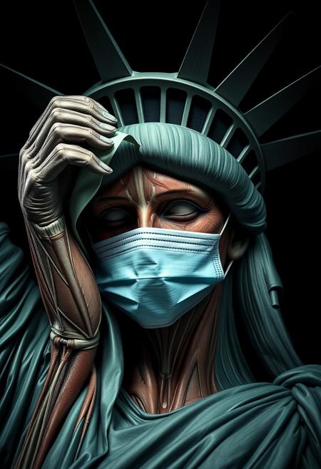 **Prompt:** A highly detailed and dramatic portrait of the Statue of Liberty, focusing on her face in a macro close-up. The Statue of Liberty is unwrapping a large surgical mask, revealing the intricate and realistic facial muscle structure beneath. The mask is partially peeled away, showing tendons, muscles, and sinews in high detail. The scene is lit with dramatic studio lighting, casting deep shadows and highlighting the textures of both the metal surface and the muscular tissue. The atmosphere is eerie and unsettling, with a dark, creepy ambience that contrasts the grandeur of the statue with the raw, exposed anatomy.