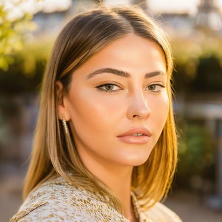 Madcline, 8k, RAW close-up photograph, standing in a garden, paris in the background, eifel tower, (((full body photograph))), golden hour, detailed face, detailed face