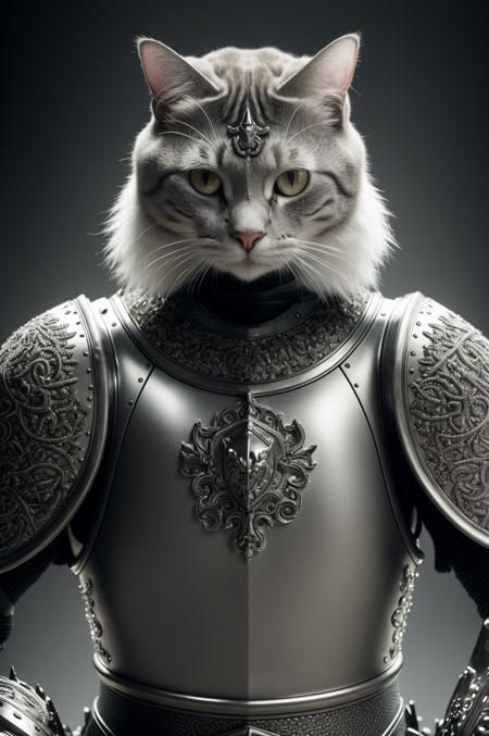 a cat made out of (kneeling knight), portrait, finely detailed armor, intricate design, silver, silk, cinematic lighting, 4k, 