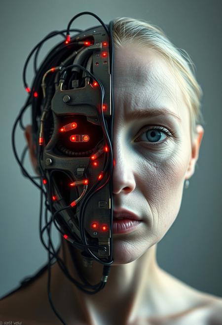 (Soft Lighting Photography by Mimoza Veliu and Mario Giacomelli:1.2), NSFW, wired-cyborg, biomechanical, high quality photography of a woman's face, split down the middle, showcasing two distinct halves. The left side of her face is a metal mechanical construct, resembling a futuristic cyborg or android, with intricate circuitry and wires visible beneath her skin. The mechanical half is a dark, metallic color with glowing red circuitry and numerous tiny, glowing red lights, giving it an eerie, otherworldly appearance. The right side of her face is human, with pale, almost deathly skin, sci-fi horror aesthetic., sexy