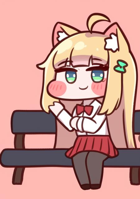 1girl,ahoge,animal ear fluff,animal ears,arm support,bangs,bench,black pantyhose,blonde hair,blue eyes,blunt bangs,blush,bow,bowtie,cardigan,cat ears,closed mouth,collared shirt,dress shirt,ear wiggle,eyelashes,full body,green cardigan,hair between eyes,hair ornament,hairclip,hand in own hair,hand on own cheek,hand on own face,loafers,long hair,long sleeves,looking at viewer,pantyhose,pleated skirt,red bow,red bowtie,red skirt,school uniform,shirt,shoes,simple background,sitting,skirt,smile,solo,tail,white background,white shirt,white shirt <lora:opinew6-10:1>,chibi