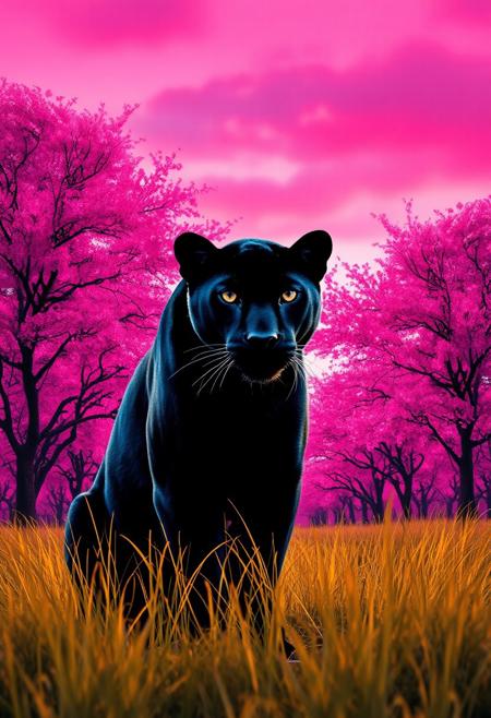 score_9, score_8_up, score_7_up, cinematic photo, dramatic lighting, a black panther staring at you from far away, pink sky, lush pink trees, yellow grass patch, asain style, David Hockney, Ascii art, gongbi, traditional chinese painting style, neon colors, <lora:Neon_Splash_Art_for_Pony:1>