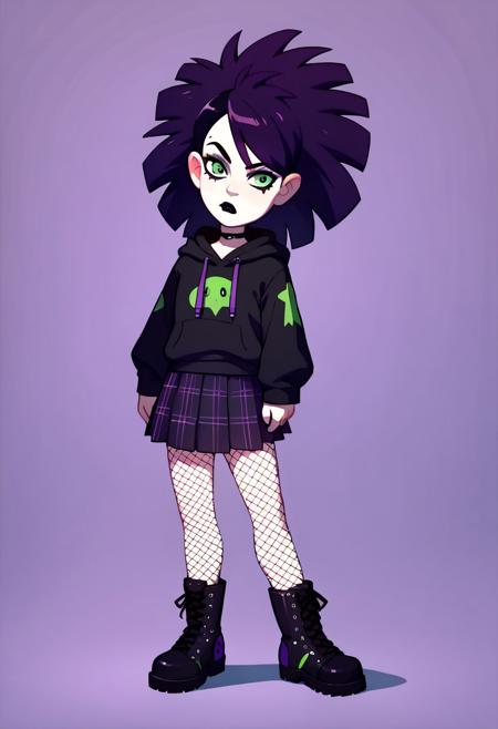 JaniceCS, dark purple hair, green eyes, pale skin, black eyeliner, red lipstick red spike choker red long-sleeve shirt with green-circle-ghost-logo black belt, buckle, green cargo shorts orange stockings black white shoes <lora:JaniceCS:1>