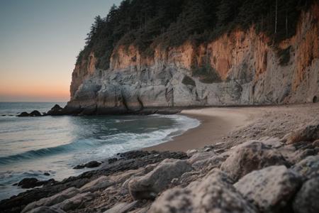 raw photo, a sunset landscape, oregon coast, rocky beach, forested cliffs, cozy, photorealistic, high detailed texture, 8k uhd, dslr, soft lighting, high quality, film grain, Fujifilm XT3, Sony A7 IV, highly detailed photography, (muted colors, cinematic, dim colors, soothing tones:1.2), vibrant, insanely detailed, hyperdetailed, (dark shot:1.2), (vsco:0.3), (intricate details:0.9), (hdr, hyperdetailed:1.2) (highest coherency: 1.39) (highest quality: 1.39) (rule-of-thirds) (award-winning) (masterclass) (highest resolution: 1.39)