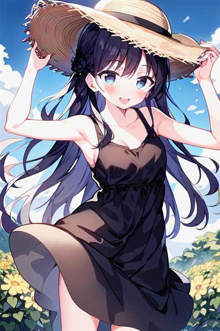 1girl, solo, hat, dress, long hair, blue eyes, sundress, smile, outdoors, tree, looking at viewer, black hair, day, straw hat, sun hat, hand on headwear, collarbone, white dress, sky, bangs, bare shoulders, arm up, sleeveless, cloud, blunt bangs, sleeveless dress, see-through silhouette, standing
<lora:MushroomStyle_variant1:0.8>