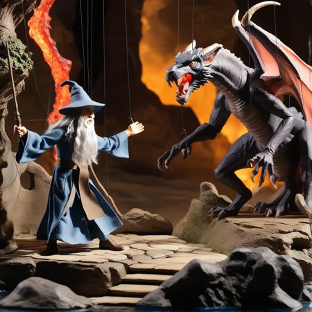 middle earth, gandalf fighting the giant demon balrog on cave-bridge, marionette, <lora:marionette_lora_sdxl:0.85>