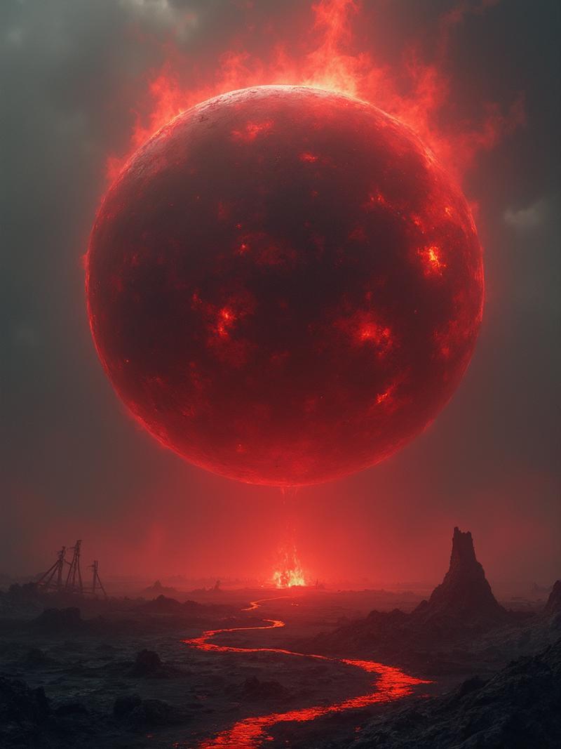 A massive, ominous red spirit bomb hovers menacingly above a desolate, charred landscape. Its dark, crimson aura pulses with a malevolent, otherworldly glow, casting eerie shadows across the ruined terrain. The bomb’s intense, blood-red light contrasts sharply with the surrounding darkness, creating a foreboding atmosphere of impending doom. Captured in a Photographic style with a 135mm lens, the image highlights the sinister details of the bomb’s glowing surface and the dramatic interplay of light and shadow, amplifying the sense of catastrophic energy.