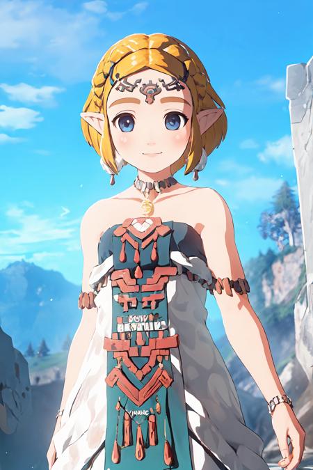 1girl,totkzelda,zonai dress,bare shoulders,short hair,solo,smile, <lora:totkz-a-000023:0.9:MIDD>mountain,sky,cloud,looking at viewer, cowboy shot,