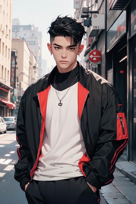 1boy,male focus,jacket,solo,jewelry,shirt,black hair,open jacket,open clothes,short hair,outdoors,looking at viewer,necklace,pants,black shirt,red jacket,closed mouth,artist name,covered abs,hands in pockets,pectorals,black pants,muscular,off shoulder,city,muscular male,building,undercut,