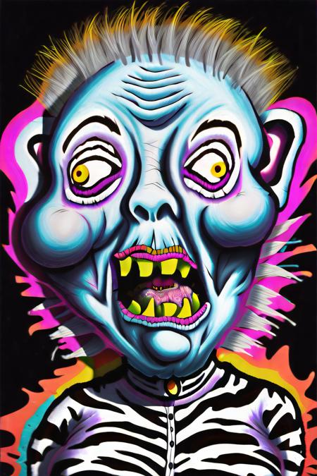 shawn malloy art, mixed media portrait, an elderly woman with a squeaky mouth wearing a zebra print shirt, in the style of futuristic psychedelia, zbrush, vibrant illustrations, horror film, celebrity portraits, supernatural creatures, 8k resolution