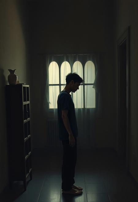 A moody, dimly lit interior where a solitary figure stares at an unseen object, their posture distorted slightly by expressionist brushstrokes, but the softness of the light evokes an almost photographic fragility.expressionist portraiture infused with soft melancholic photography, earthy muted colors blending with grainy black-and-white textures, exaggerated emotional features dissolving into quiet nostalgic shadows, raw painterly brushstrokes with intimate poetic lighting, introspective storytelling infused with quiet vulnerability