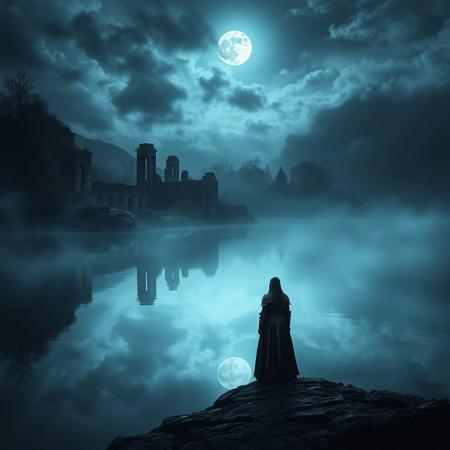 A cinematic full shot of a solitary woman knight standing at the edge of a vast, glass-still lake under a brooding sky. Her exquisitely detailed, dark steel armor is covered in intricate filigree, catching the ethereal volumetric rays of moonlight that pierce through the dense, swirling mist. Ancient, ivy-choked ruins loom in the background, imbuing the scene with a dark academia mood of melancholic history. Her entire pensive figure and the somber landscape are captured in a perfect, haunting reflection on the water's inky surface, creating a powerful sense of quiet contemplation.