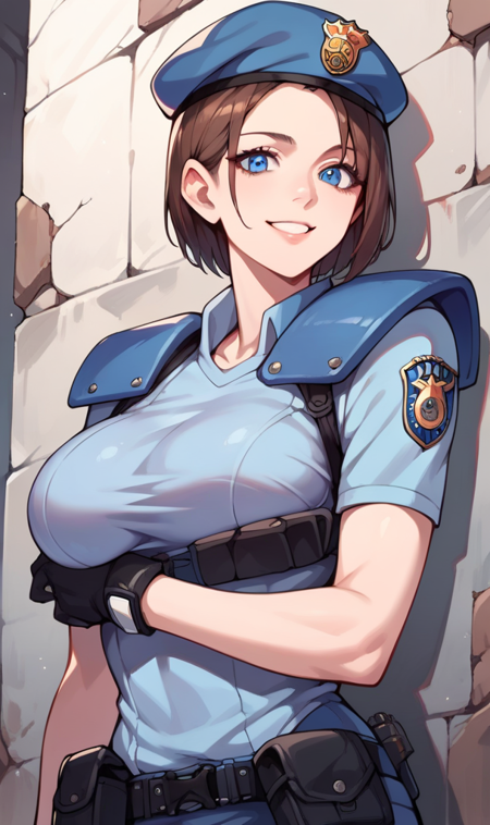 bob cut, blue eyes RE3Jill, tube top, clothes around waist, black skirt, fingerless gloves, cleavage STARSJill, bob cut, blue eyes,beret, shoulder holster, police uniform, fingerless gloves