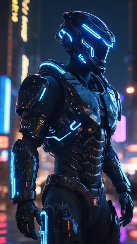 Police sci-fi wearing cybernetic black armor in a cyberpunk city, modern exosuit, neon lights reflections, reflection mapping, intricate design and details, dramatic lighting, photorealistic, cinematic, 8k, unreal engine, octane render, depth of field
