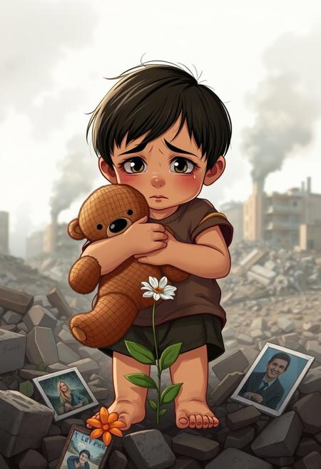 Illustrated image, digital art style
A tearful child,  clutches a worn teddy bear tightly, standing alone in the rubble of a war-torn city. Soft natural lighting highlights the child's expression of fear and confusion. The background shows collapsed buildings, smoke rising in the distance. A single flower grows through the debris near the child's bare feet. The child's clothes are tattered and dirty. A discarded family photo lies partially visible in the rubble nearby. The sky is a somber gray. Captured with a high-end digital camera, shallow depth of field focusing on the child's eyes, high detail and resolution, muted color palette except for the bright flower and the child's eyes. Photojournalistic style, emotional impact, raw and unposed.