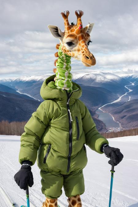 Anthropomorphic small green giraffe,  wearing a thick down jacket,  skiing in the cold winter,  lovely appearance,  in nordic mountains,<lora:EMS-37230-EMS:0.600000>