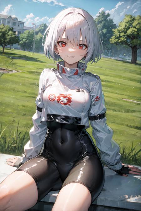 masterpiece, best quality,rc,standing,<lora:rc-000009:0.8>,white hair,red eyes,short hair,light smile,shiny,outdoors,sitting