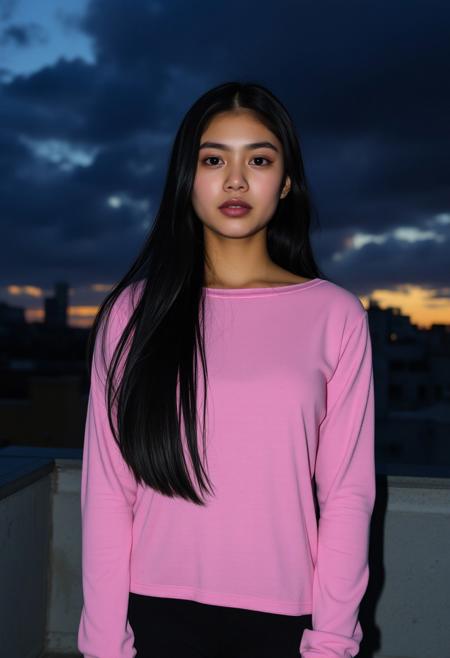 [22]Realistic photograph, Frontal photography, Look front, evening, dark clouds, the setting sun, On the city rooftop, A 20 year old female, Pink top, Black Leggings,black hair, long hair, dark theme, muted tones, pastel colors, high contrast, (natural skin texture, A dim light, high clarity), ((sky background)), ((Facial highlights)),