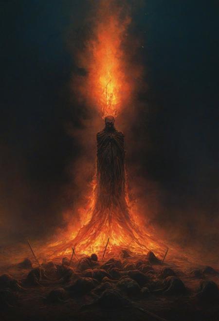 digital artwork by Beksinski, dramatic, night, sinister, evil, witch, witch stake, burning stake, torches, burning body, body on stake, pile, fire, burning pile, vibrant colors, lying body