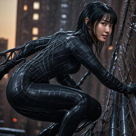 score_9, score_8_up, score_7_up, best quality, realistic, masterpiece, beautiful detail, hyperrealistic, ((1girl, woman body, large breast)), amazing detailed full body of a cute korean girl, cute face, wearing a realistic and highly detailed black raimi spider-man suit, ((defined muscular girl)), professional model wears ultra - detailed black raimi spider - man suit, ultra - detailed and grained black raimi spiderman suit, suit covered entire body and hand, black spiderman gloves, wet, (black hair, attraction, light smile), from side, climbing on a mount, octane render, highly detailed, volumetric, dramatic lighting, (highest quality:1.1), (HDR:1.3), (top quality, best quality), realistic, high definition, cinematic scene, cinematic lighting, intricate detail skin and facial texture, lifelike expression, accurate character design, interesting and complex background details,