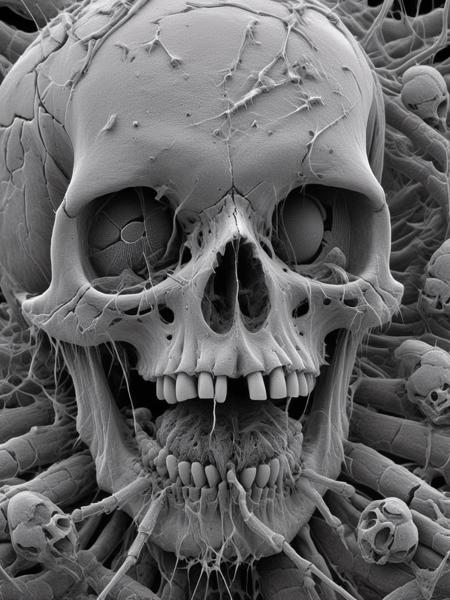 El3ctr0nStyle <lora:ElectronStyleXL:1.0>  drawing of a skull, illustration, ink smudges, masterpiece,  in the style of electron microscope, (frontal camera view:1.3), ultra detailed, too many scorpions and cockroaches, broken bad teeth, missing teeth, high detail, 16k, spider webs, a small snake in the eye socket