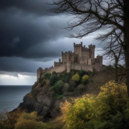 photograph surrounded by trees at the bottom and leaves at the top in the foreground, in the background in the center old castle on a cliff and stormy sky