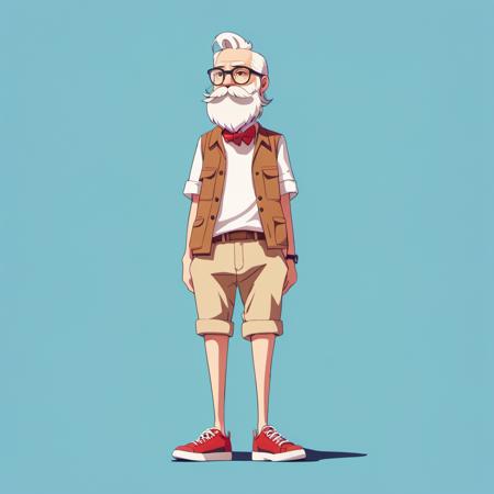 <lora:xuehua:1>,xh,1boy,male focus,solo,facial hair,shorts,shirt,shoes,white hair,red footwear,standing,full body,simple background,blue background,white shirt,mustache,beard,arms at sides,glasses,wristband,personification,brown shorts,sneakers,