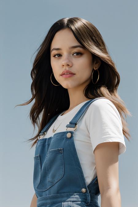 jenna ortega, long hair, 
pink overalls, studs, white shirt, sneakers, detailed skin, 
medium shot, upper body, simple solid background, portrait, realistic, closeup,
 <lora:Jenna_Ortega_V1:0.7>, <lora:breastsizeslideroffset:-0.6>