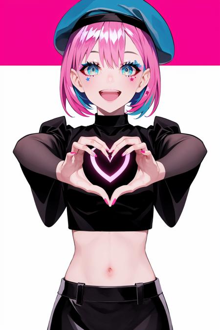 1girl, solo, navel, pink hair, long sleeves, hat, puffy sleeves, looking at viewer, heart, multicolored hair, open mouth, smile, short sleeves, food, blue eyes, fruit, bangs, colorful, shirt, midriff, blue nails, beret, blue headwear, striped sleeves, blue hair, pink background, multicolored nails, short hair, crop top, nail polish, layered sleeves, star (symbol), cowboy shot, short over long sleeves, puffy short sleeves, symbol-shaped pupils <lora:SilvermoonMix14:1>