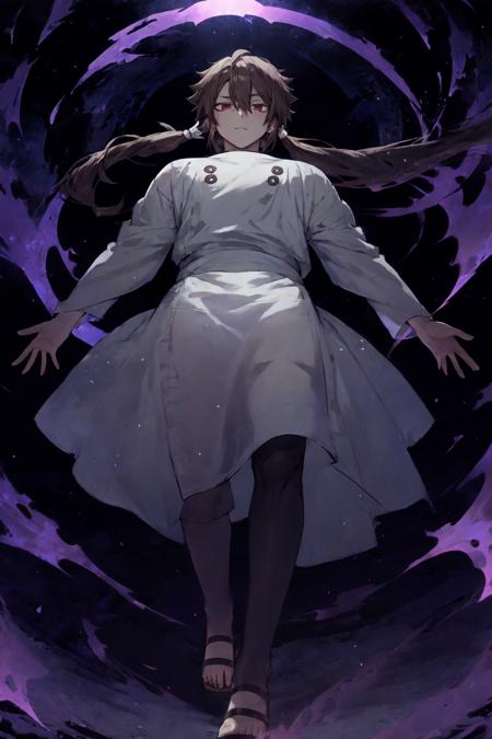 Indra, masterpiece, best quality, 1boy, brown hair, long ponytail, red eyes, short eyebrows, white outfit, (purple aura:1.1), sandals, black legwear, full body, (flying), outstretched arms, night, clouds, stars, looking at viewer, from below, long sleeves  <lora:Indra_Ôtsutsuki__Character_LoRA_Naruto:1>