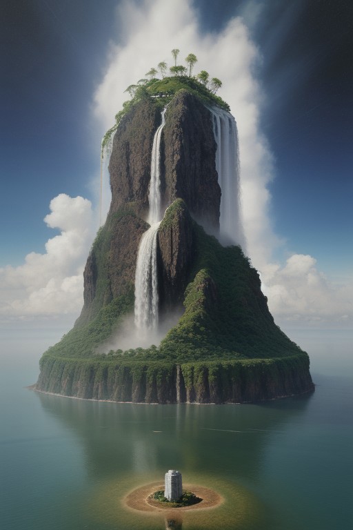 Ghiblistyle fantasy oil painting of a lush alien world, there is a large island floating in the sky.  There is a majestic waterfall coming from the floating island