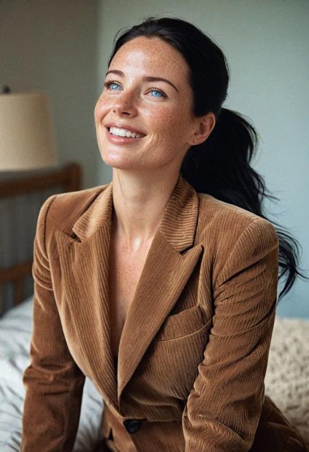 Stunning analogue photo of a beautiful 38 years old Dutch woman, corduroy suit, corduroy pants, perfect face, absolute beauty, sexy pose, natural raven black hair, ponytail, blue eyes, perfect eyes, realistic eyes, freckles, freckles and moles all over body, realistic freckles, absolute perfect tits, big tits, nice and soft natural tits, absolute perfect nipples, looking up, laughing, in her cozy bedroom, vintage style, natural warm and soft light, early morning, stunning result, highly detailed skin, highly detailed eyes, highly realistic