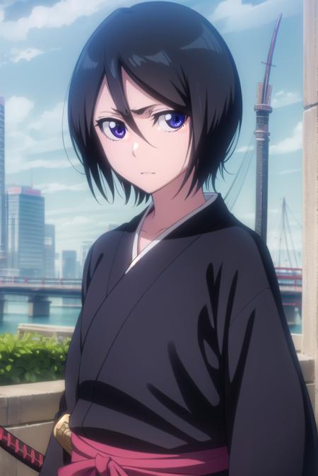 rukiakuchiki, <lora:rukiakuchiki-lora-nochekaiser:1>,
rukia kuchiki, shorthair rukia, short hair, black hair, hair between eyes, (purple eyes:1.1),
BREAK weapon, japanese clothes, sword, kimono, katana, sheath, hakama, black kimono, long sleeves, wide sleeves,
BREAK outdoors, city
BREAK looking at viewer, (cowboy shot:1.5),
BREAK <lyco:GoodHands-beta2:1>, (masterpiece:1.2), best quality, high resolution, unity 8k wallpaper, (illustration:0.8), (beautiful detailed eyes:1.6), extremely detailed face, perfect lighting, extremely detailed CG, (perfect hands, perfect anatomy),