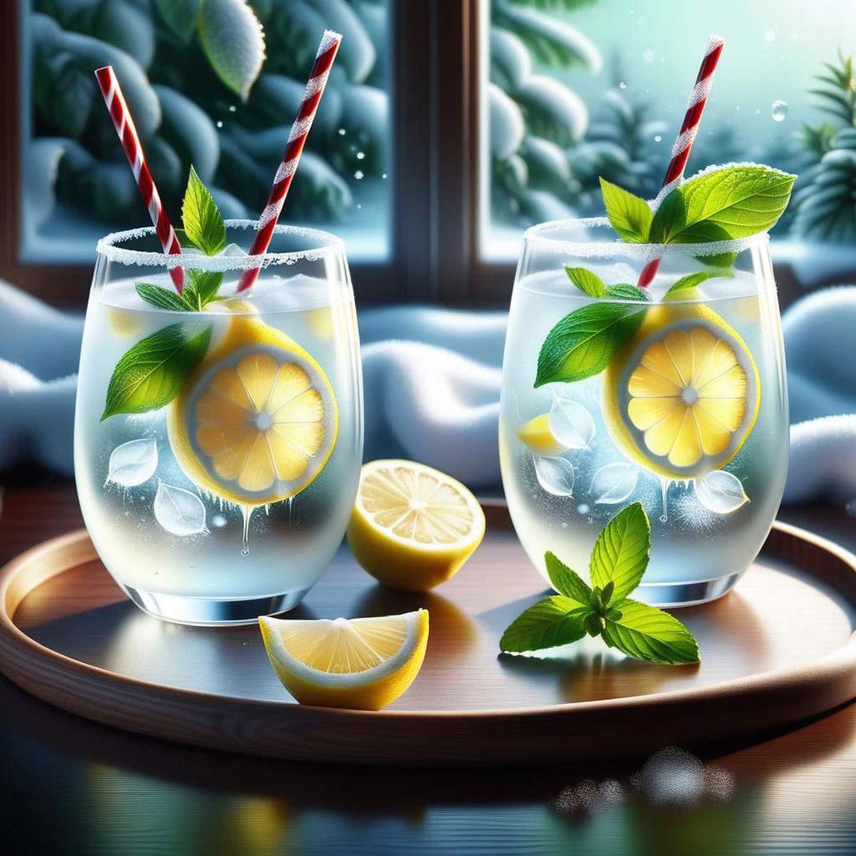 Two Glasses of Water with Lemons and Mint