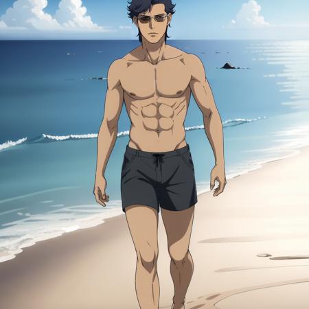 masterpiece,high quality,solo,
<lora:kennethsleg001:0.7>,
kennethsleg,1man,
short hair,black hair,brown eyes,
shirtless,shorts,barefoot,ocean,sunglasses,