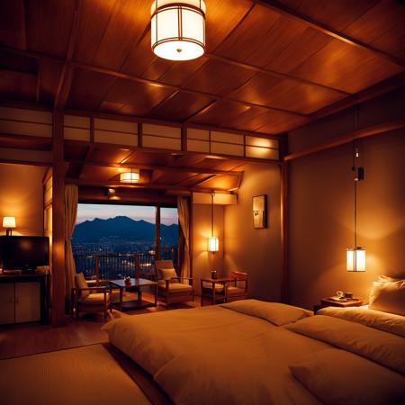 ryokan, scenery, television, table, indoors, window, bed, pillow, lamp, book, cabinet, sunlight, bedroom, chair, door, ceiling light, realistic,