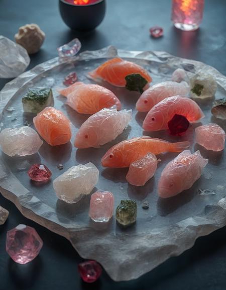 A platter of sushi where each piece is made of translucent crystal. The sushi rolls have geometric patterns on their surfaces, and the fish glows with inner light. The platter is surrounded by glowing gemstones and rests on a crystal table. <lora:SoulGemmed:1>