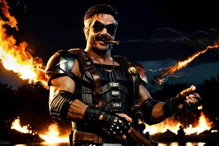 1boy, manly, short hair, facial hair, mask, bulletproof vest, armor, fingerless gloves, belt, elbow pads, smiley button on chest, pants, ammunition bandolier, scar, dog tags, knee pads, boots