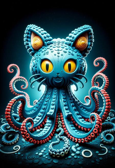 cs-l3ath3r, 
cs-l3ath3r, octocat, a mythical creature with the head of a cat and the body of an octopus, (cat head:1,6), whiskers, (cat ears:1.5), (inner fluff ears:1.3), (cat eyes:1.5), tentacles, eight tentacles, twisting tentacles, swirling tentacles, dark background, deep sea background