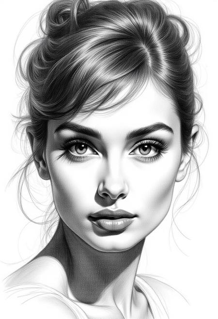 Pencil drawing, black and white, pencil strokes, 
Scratchy pen strokes, Charcoal Art Sketch Close-up portrait of Audrey Hepburn