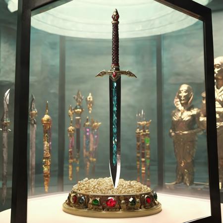 high-quality render in hwst artstyle of medium-shot of an ancient sword adorned with jewels in a glass vitrine display case inside a modern museum