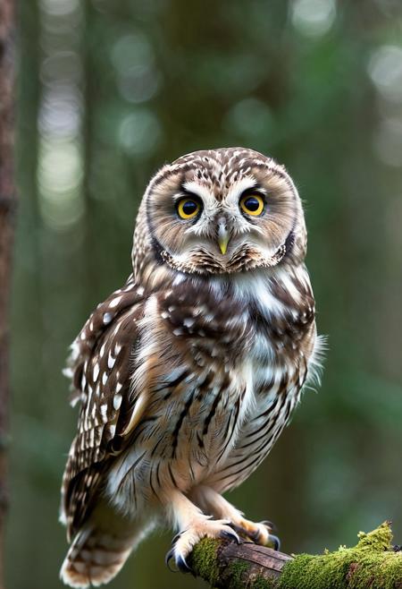 portrait, masterpiece, 4k, ray tracing, intricate details, highly detailed, hyper realistic, 8k RAW editorial photo.
an adorable little owl, head with a tilt and a slight blink. The owl's feathers should be soft and fluffy, the background should be a muted forest, dramatic light, shallow depth of field, high budget,