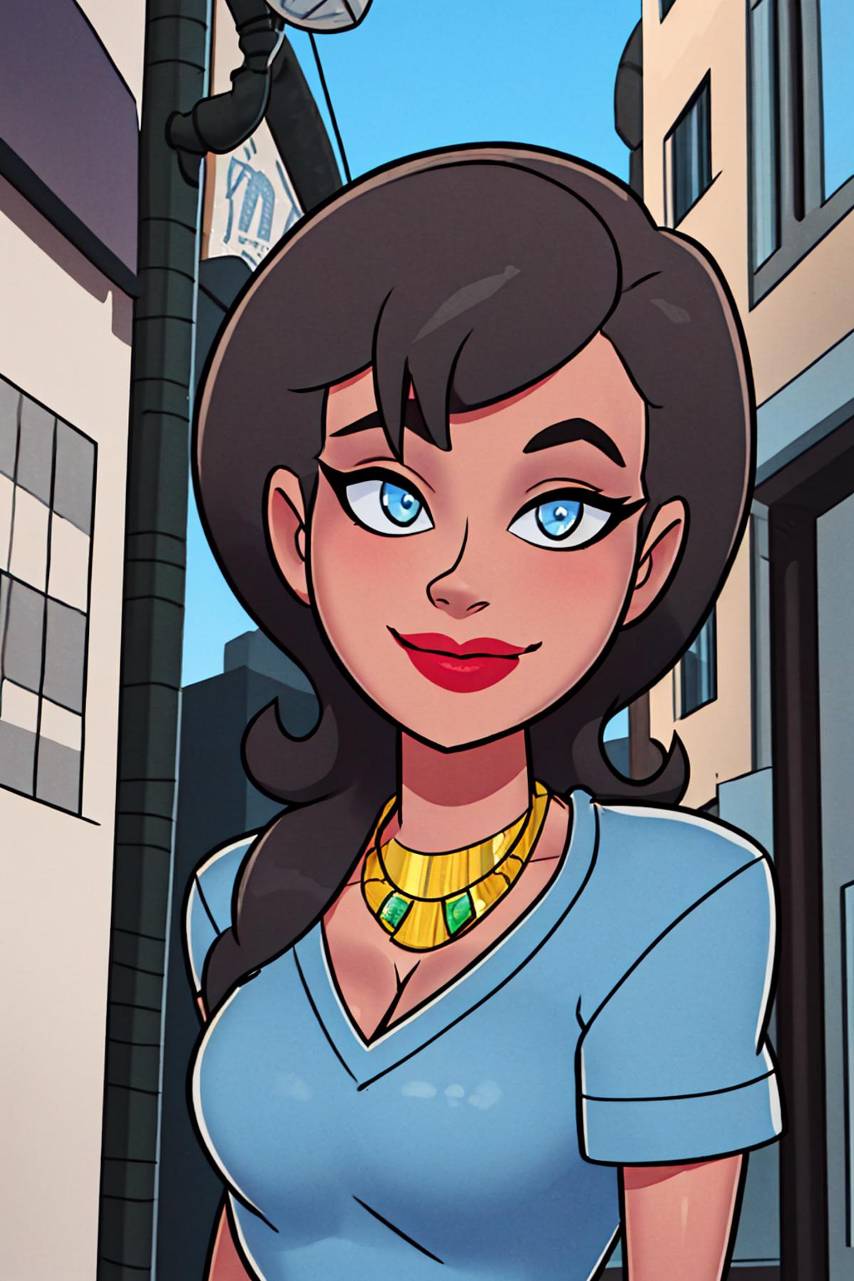 A cartoon character wearing a necklace and looking happy.