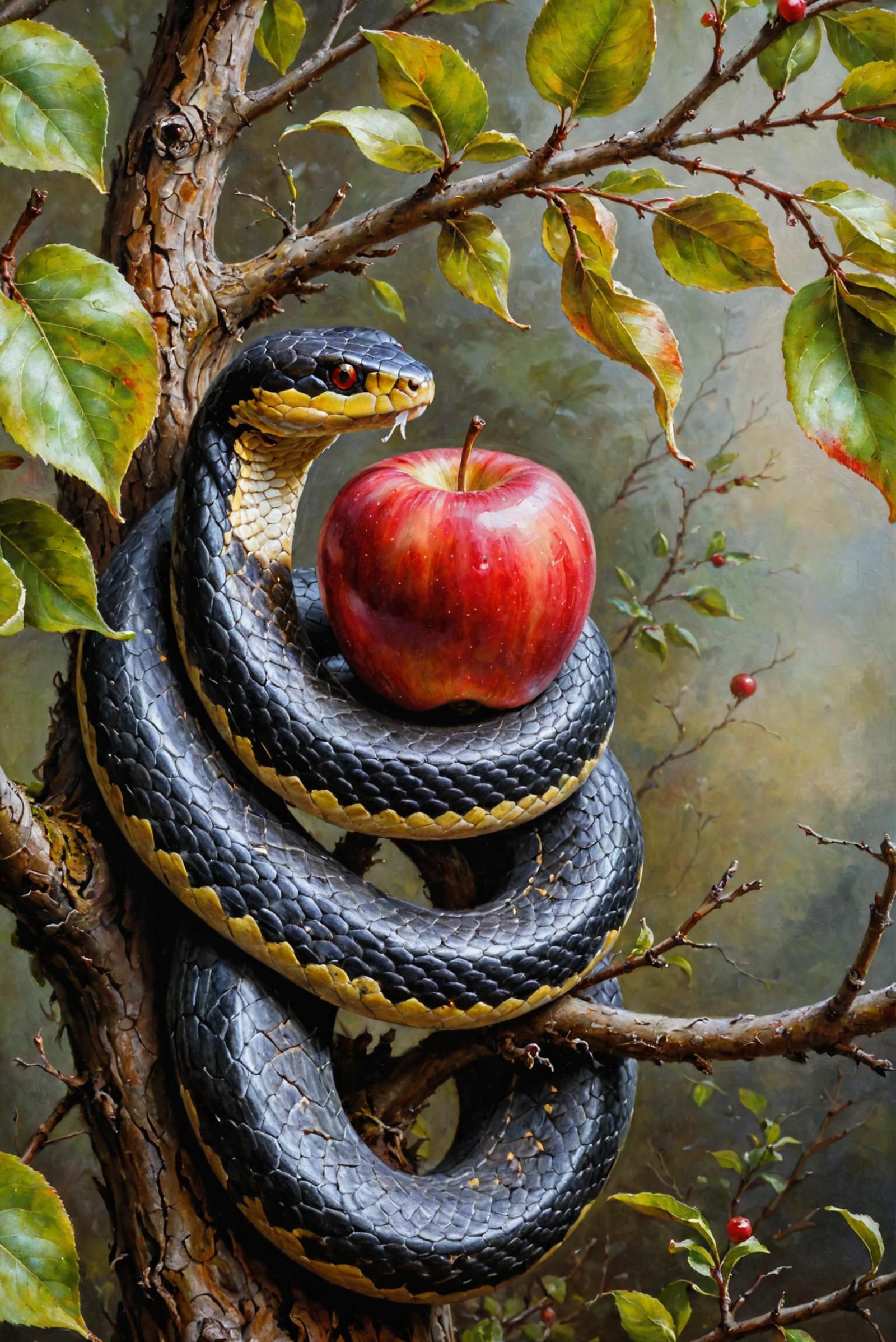 An artistic painting of a snake holding an apple in its mouth, surrounded by leaves and branches.