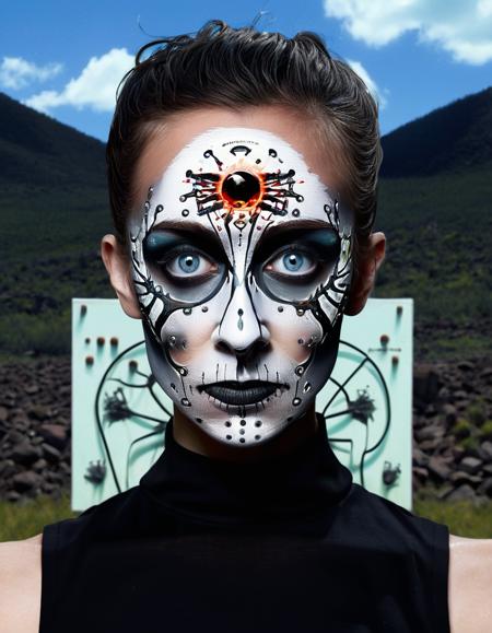 medium shot, portrait painting  , dystopian surrealism,  deathly fantastical Nightmare ,Fusion of Nature and Technology, nightmarish, facing camera,   ohwx woman,  dynamic background,  in a "Clive Barker" style painting   <lora:CassidyKlein_SDXL_v1.0:.95>