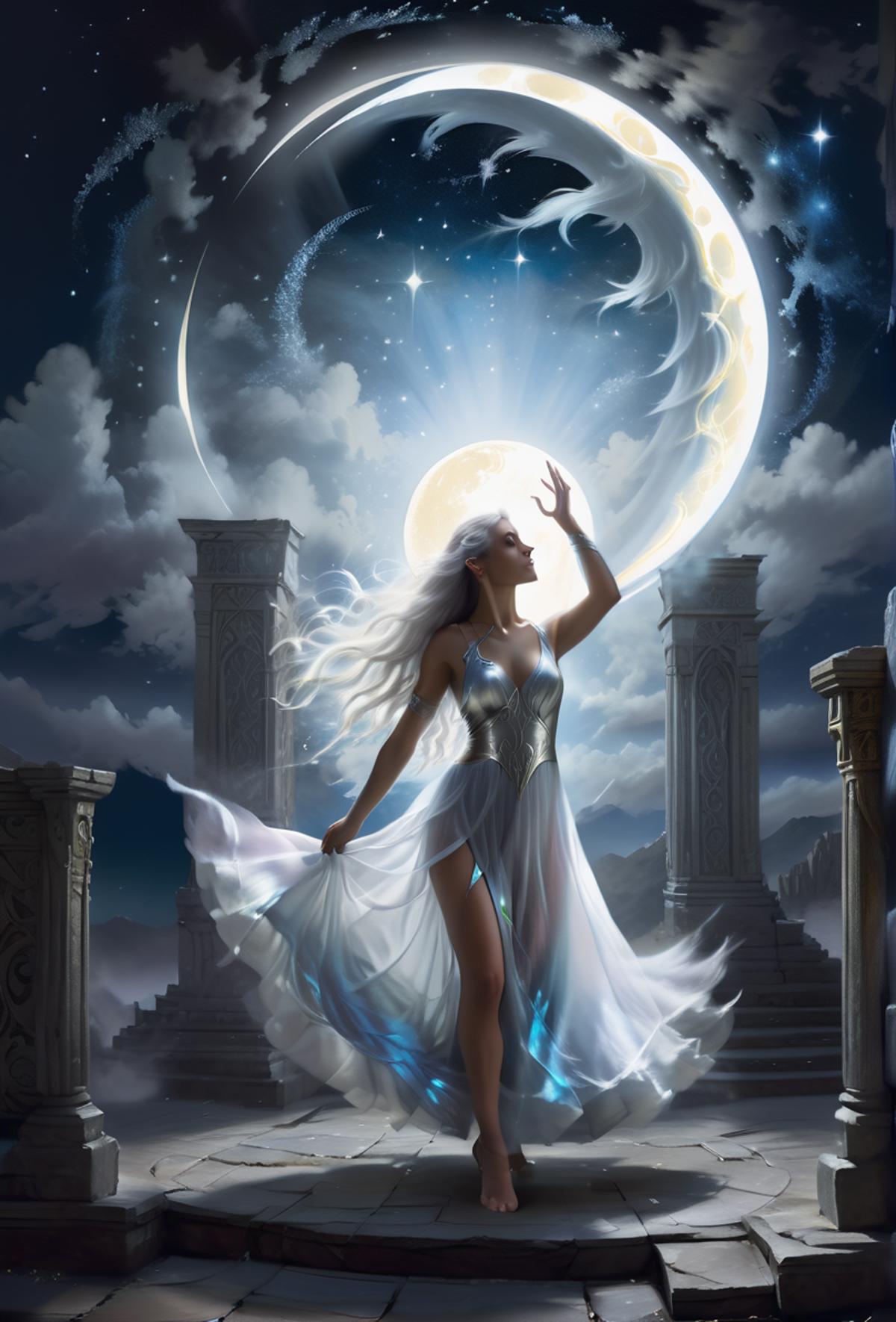 A woman in a white dress, draped in a white veil, stands in front of a full moon.