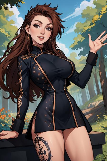 masterpiece, best quality, <lora:fsrdorothea-nvwls-v1-000009:0.9> fsrdorothea, earrings, black dress, short dress, long sleeves, leg tattoo, large breasts, looking at viewer, hand to hip, waving, :D, looking at viewer, blue sky, forest